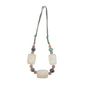 Vintage Boho Quartz Focal Necklace Turquoise Carnelian Green Cord